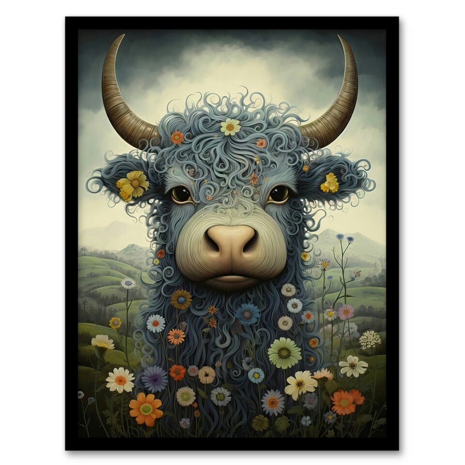 image 1 of Blue Highland Cow Wildflower Meadow Fun Girls Bedroom Black Framed Wall Art Print A4