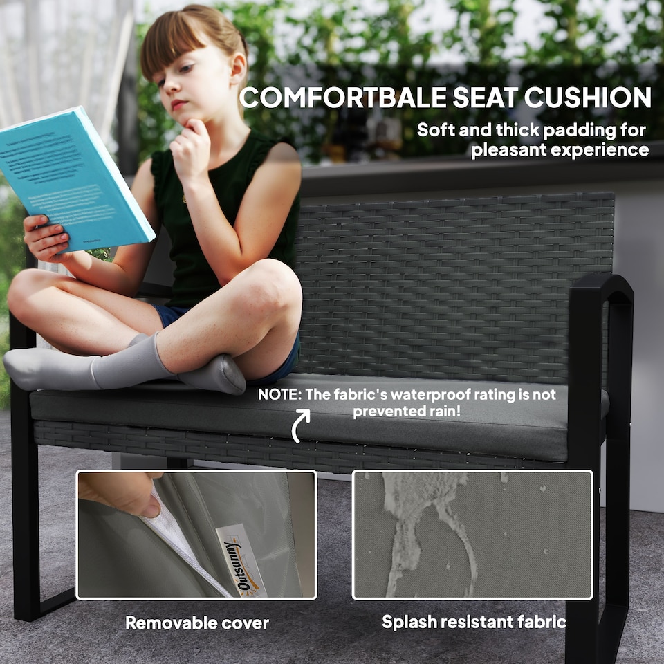 image 1 of Outsunny 2 Seater Rattan Garden Bench with Cushion, Steel Frame, Light Grey
