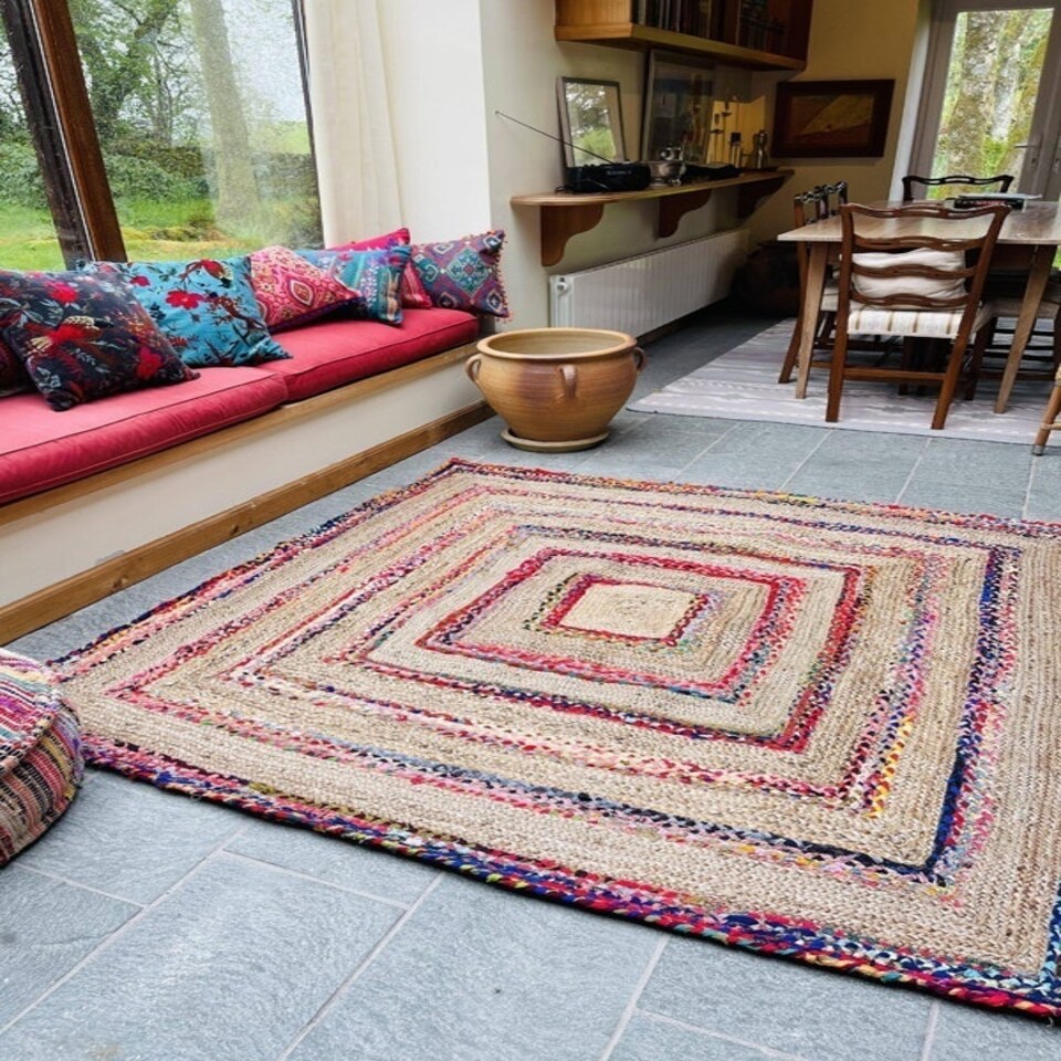 image 1 of FIESTA Square Rug and Multi Colour Recycled Fabric - Jute - L150 x W150 - Multicolour Multi
