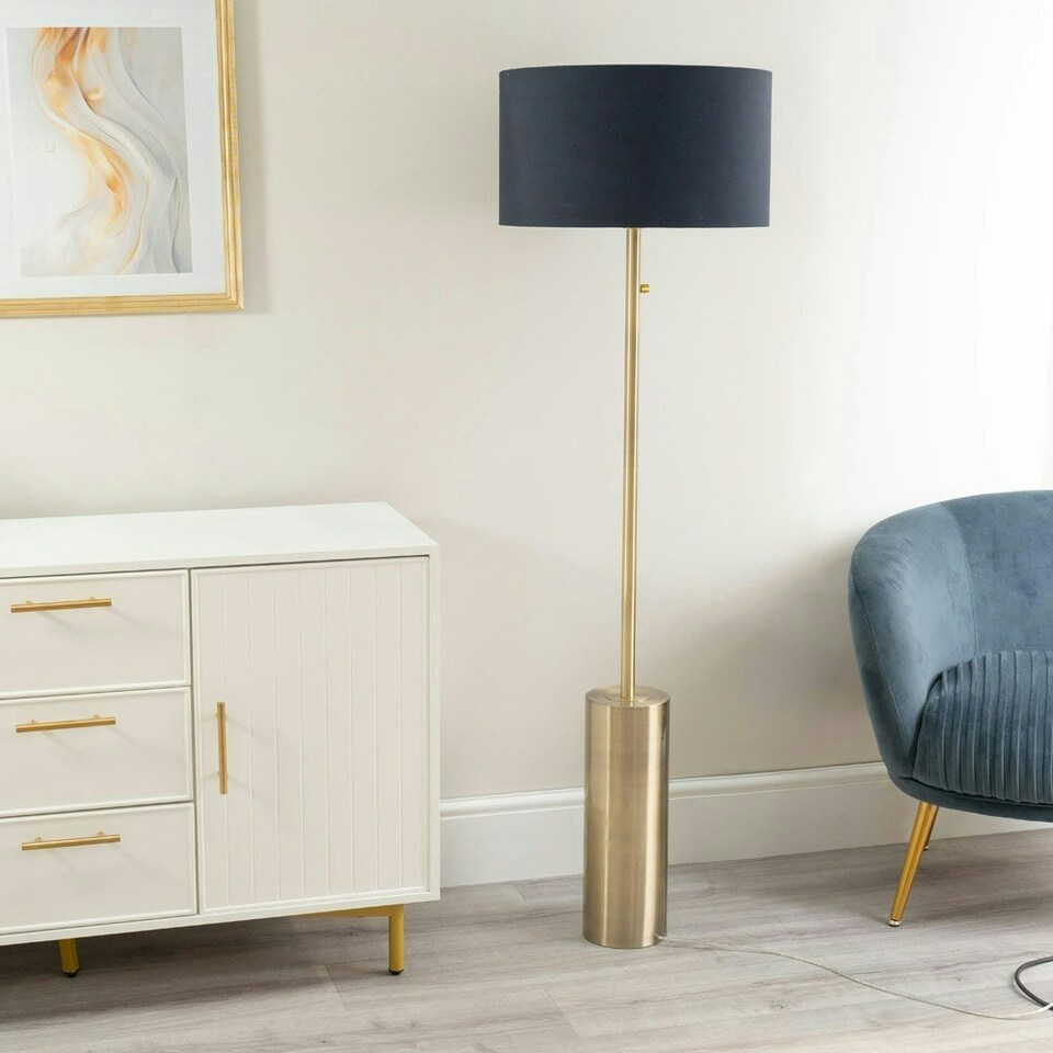 image 1 of ValueLights Lexy Antique Brass Rotary Dimmer Switch Floor Lamp with Navy Blue Drum Shade