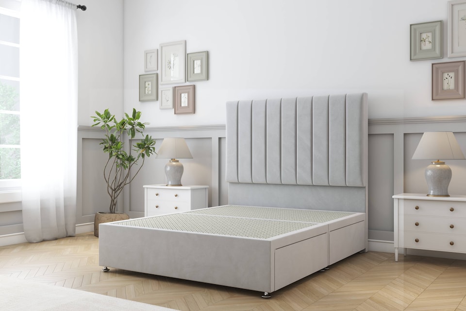 image 1 of Sloomy Kansas Silver Plush Divan Bed Base No Drawers With 26 Inch Strutted Headboard | Silver | Silver | Single | 1
