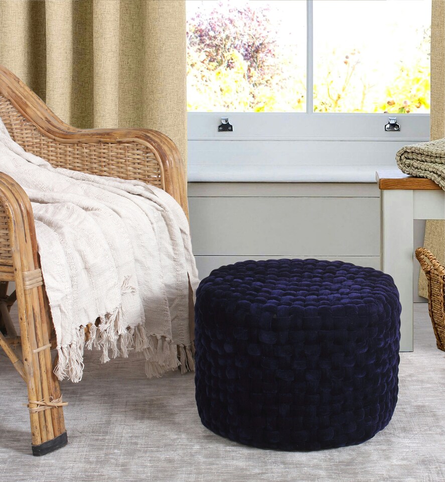 image 1 of Round Velvet Pouffe Soft Woven Designer Ottoman Stool | Grey