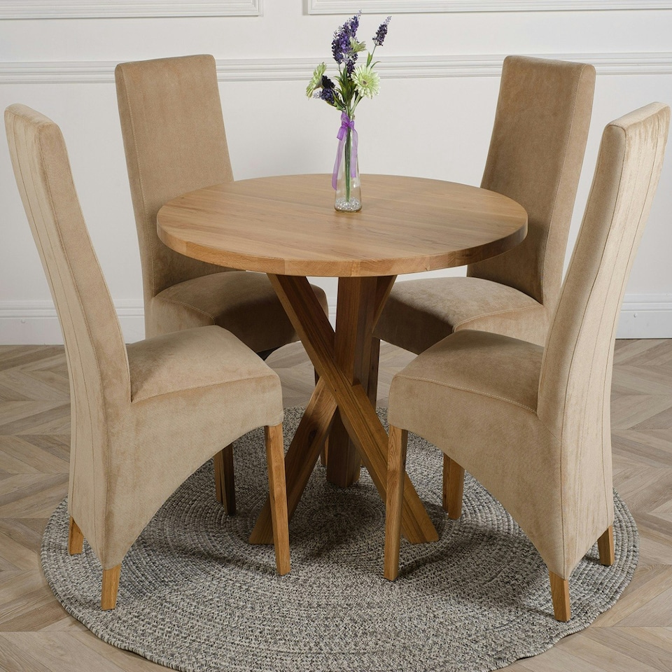 image 1 of Oregon Round Oak Dining Table with Lola Fabric Chairs Brown