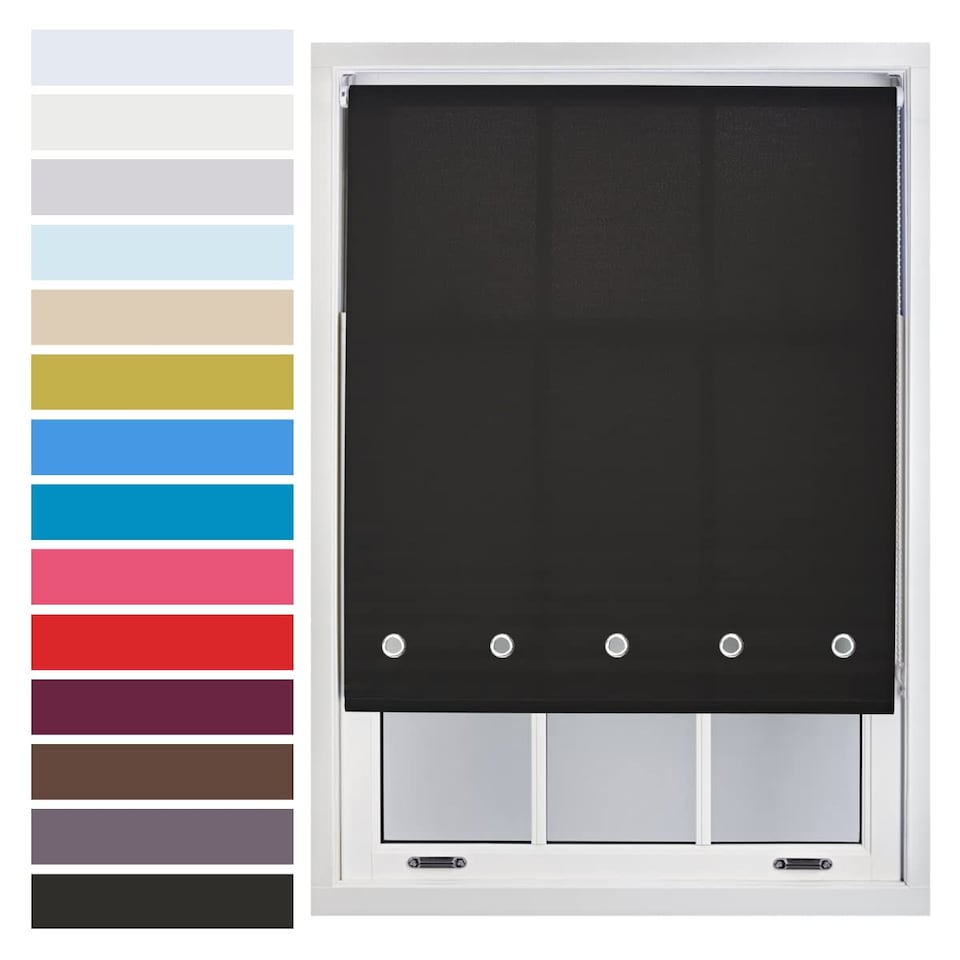 image 1 of FURNISHED Roller Blinds with Chrome Round Eyelets and Metal Fittings Cut to Size Sheer Window Shade | Black | Black | (W) 120cm x (L) 165cm