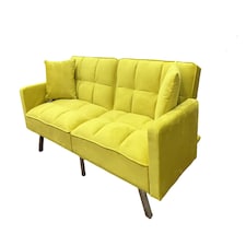 Sofa Bed 2 Seater Yellow Velvet Click Clack Sofa Settee Recliner Couch with Metal Legs with 2 Pillows Yellow