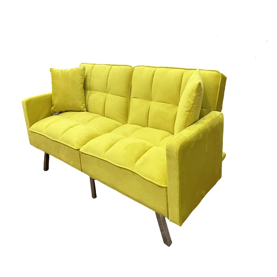 image 1 of Sofa Bed 2 Seater Yellow Velvet Click Clack Sofa Settee Recliner Couch with Metal Legs with 2 Pillows Yellow