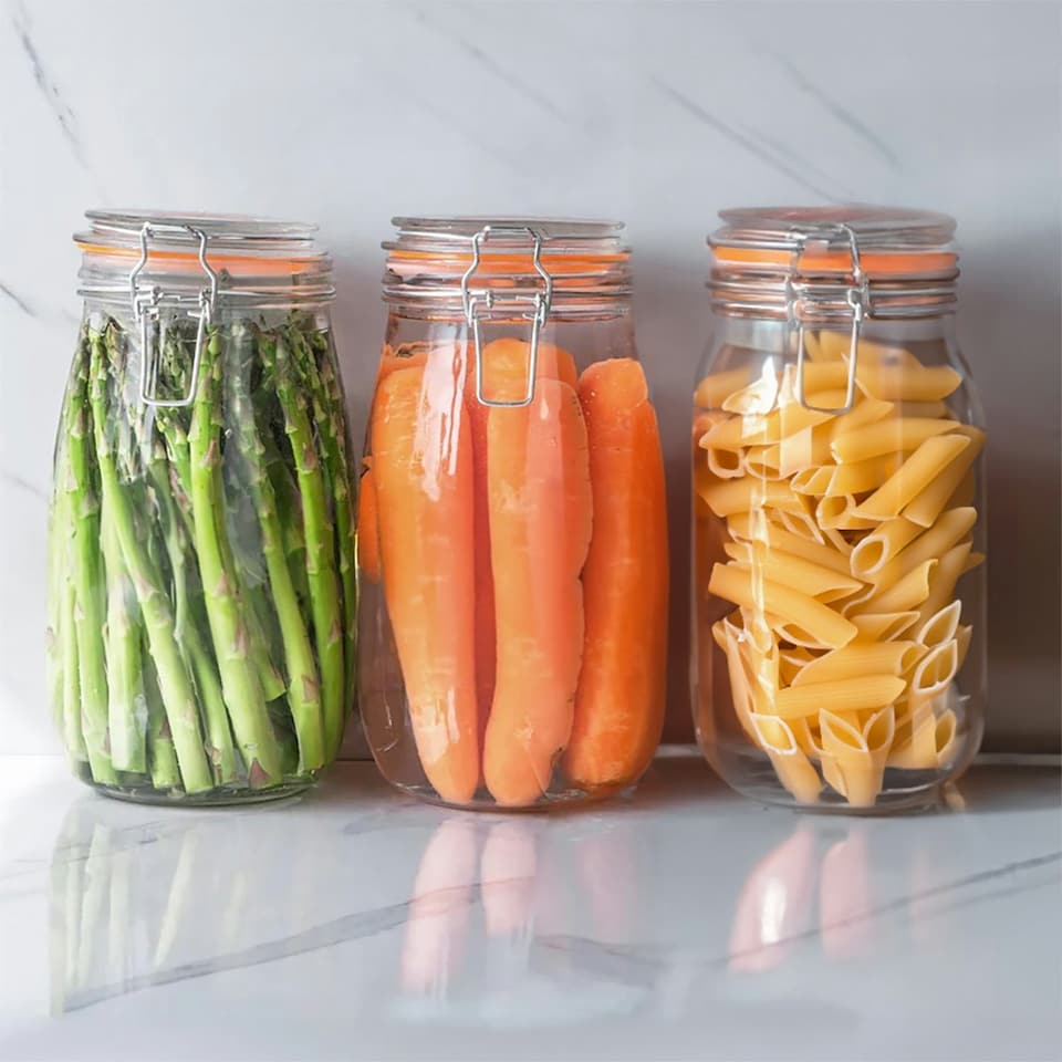 image 1 of 1L Pack of 3 Canisters Glass Storage Jars with Airtight Silicone Seal Metal Clip Top Lids