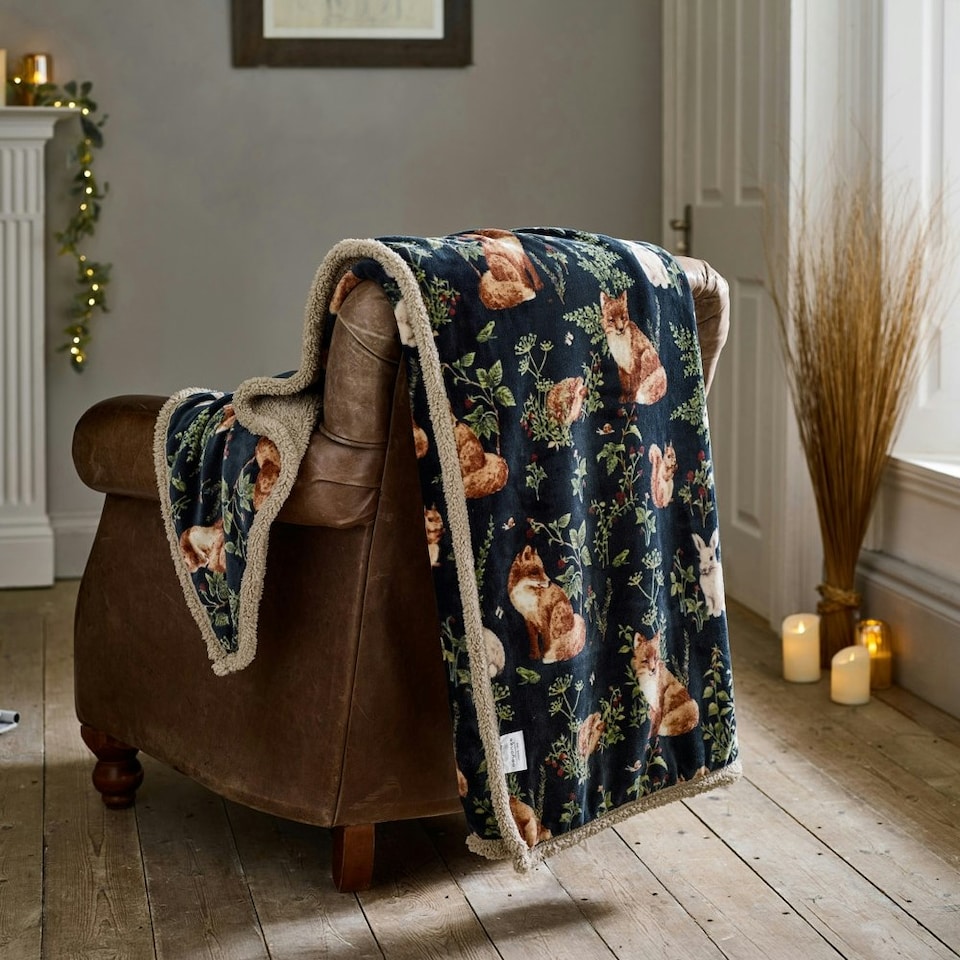 image 1 of Woodland Wildlife Forest Animal Flannel Throw with Sherpa Back – 140x180cm Blue | Navy