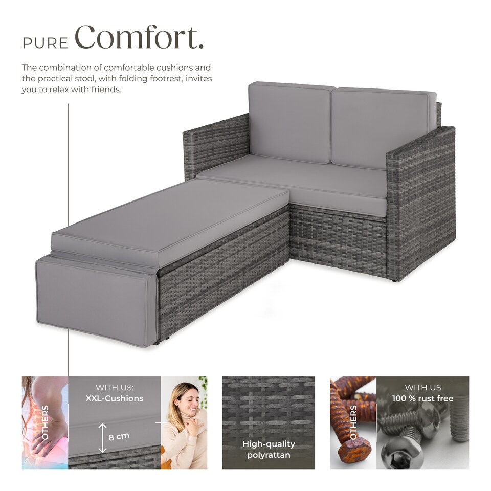 image 1 of Garden Sofa Corfu - 2 seater sofa, stool sun lounger, thick cushions | Grey | grey | 119 x 64,50 x 71,50 cm | 1
