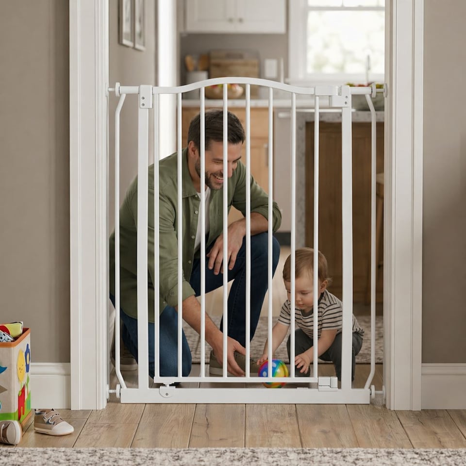 image 1 of Safetots Extra Tall Curved Top Safety Gate, 89cm - 98cm, Matt White, Extra Tall 100cm in Height, Pressure Fit Stair Gate, Baby Gate for Doors Hallways and Spaces, Safety Barrier, Easy Installation