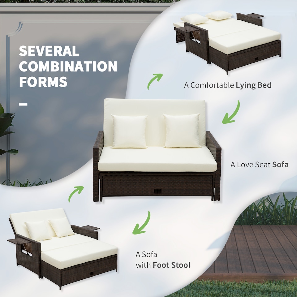 image 1 of Outsunny Rattan Garden Daybed, Assembled Double Sun Lounger with 5-Level Adjustable Back, Storage Ottoman, Cushions, Pillows and Retractable Trays, Outdoor Loveseat Sofa Bed for Patio, Brown