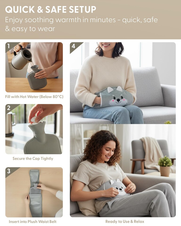 image 1 of Keplin 2L Hot Water Bottle with Plush Waist Belt Cover Natural Rubber