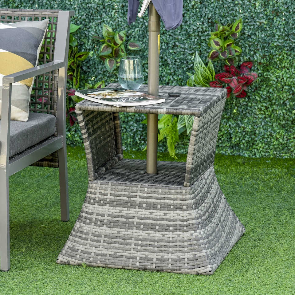 image 1 of Outsunny Rattan Wicker Tea Coffee Table w/ Umbrella Hole and Storage Space Grey