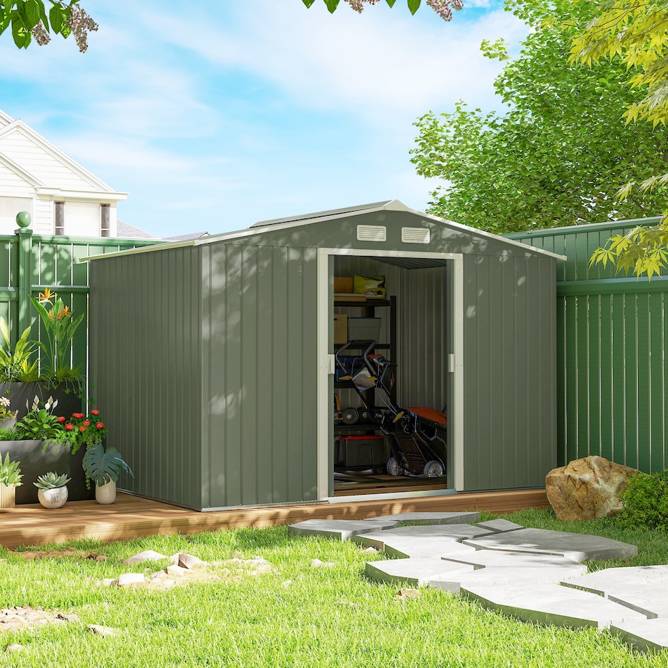 image 1 of Outsunny 9 x 6FT Galvanised Garden Storage Shed with Sliding Door, Light Green | Green