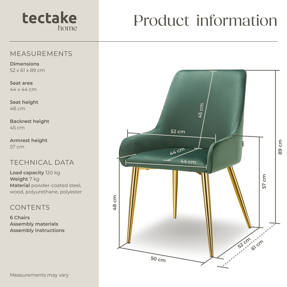 image 1 of Dining Chair Avane - velvet look, padded armchair, high backrest and armrests | Green | green | 6