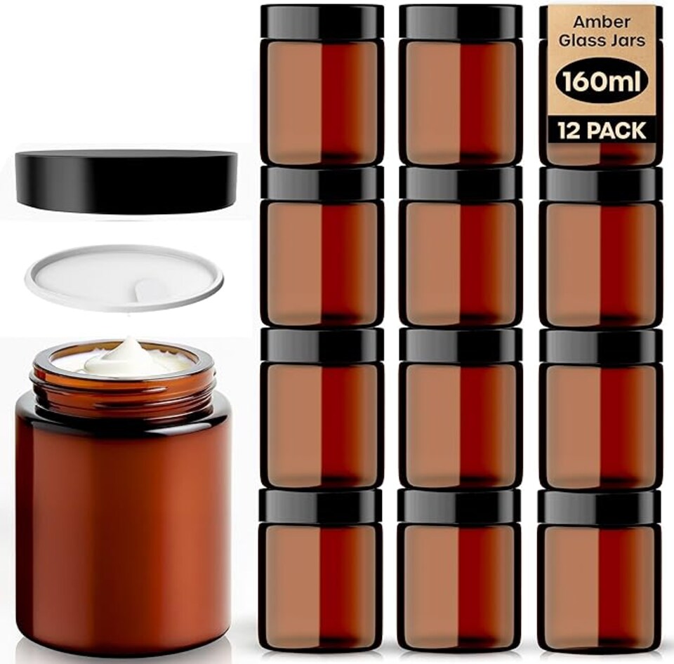 image 1 of Cosmetic Amber Glass Jar Set - UV Protection for Powder, Lotion and Cream