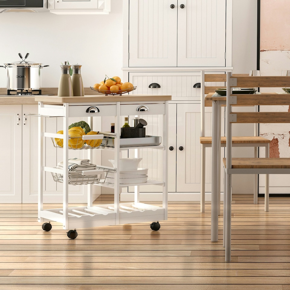 image 1 of HOMCOM Rolling Kitchen Island Trolley, Serving Cart w/ Drawer, Basket White
