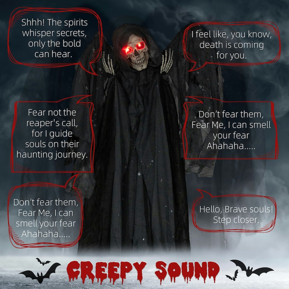image 1 of HOMCOM Winged Grim Reaper Animatronic Prop w/ Light Up Eyes, for Haunted House