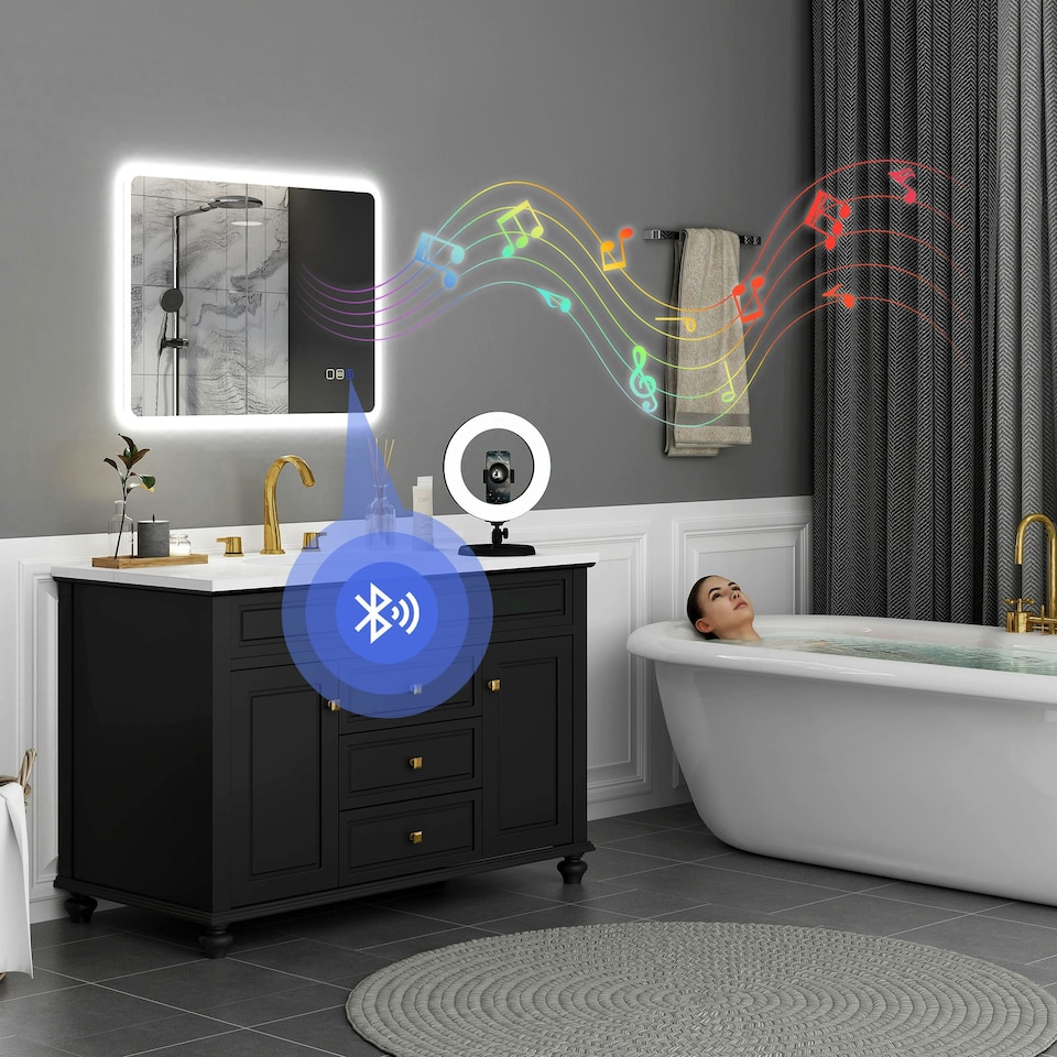 image 1 of HOMCOM 600 x 800 mm Bluetooth Bathroom Mirror with LED Lights Wall Mounted Silver | 80L x 60W x 3.5D cm