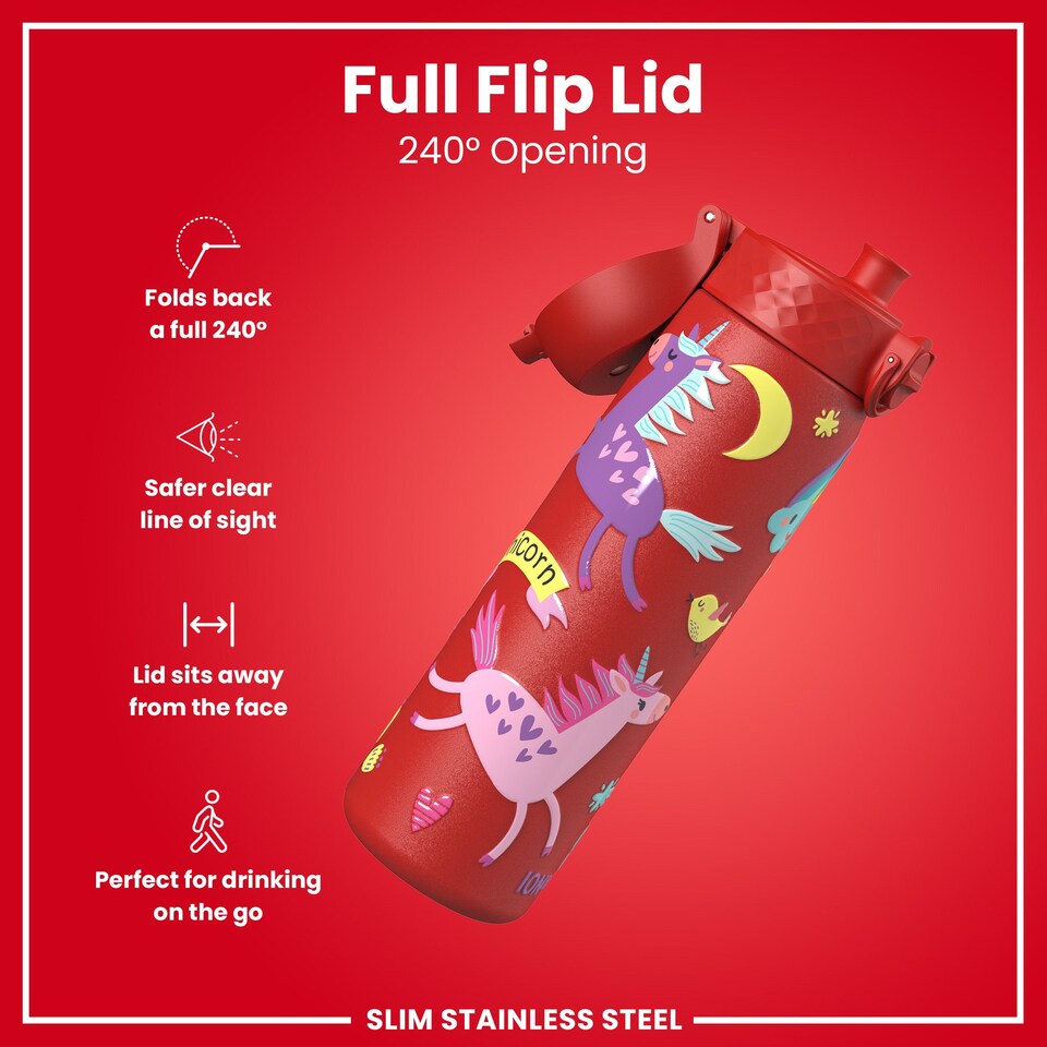 image 1 of Leak Proof Slim Water Bottle, Stainless Steel, 600ml (20oz) | Red | Unicorns Red | One Size
