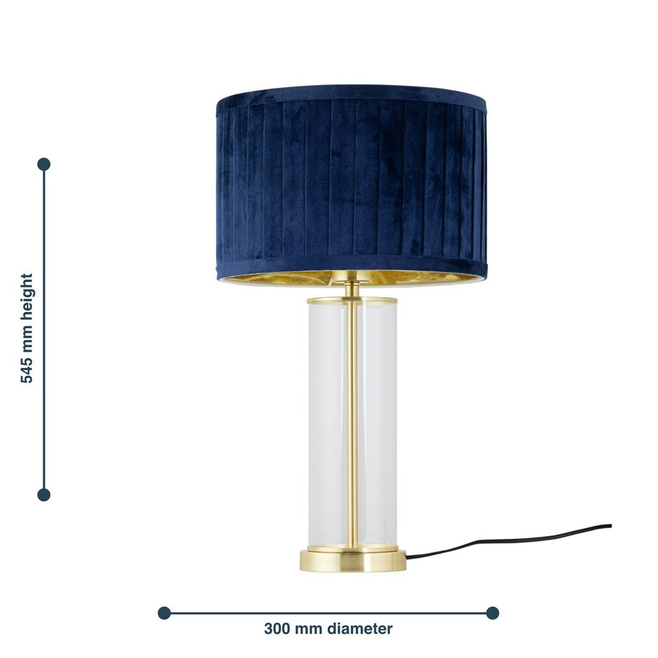 image 1 of Set of 2 Aura - Satin Brass Lamps with Navy Blue Pleated Velvet Shades Bronze | Blue