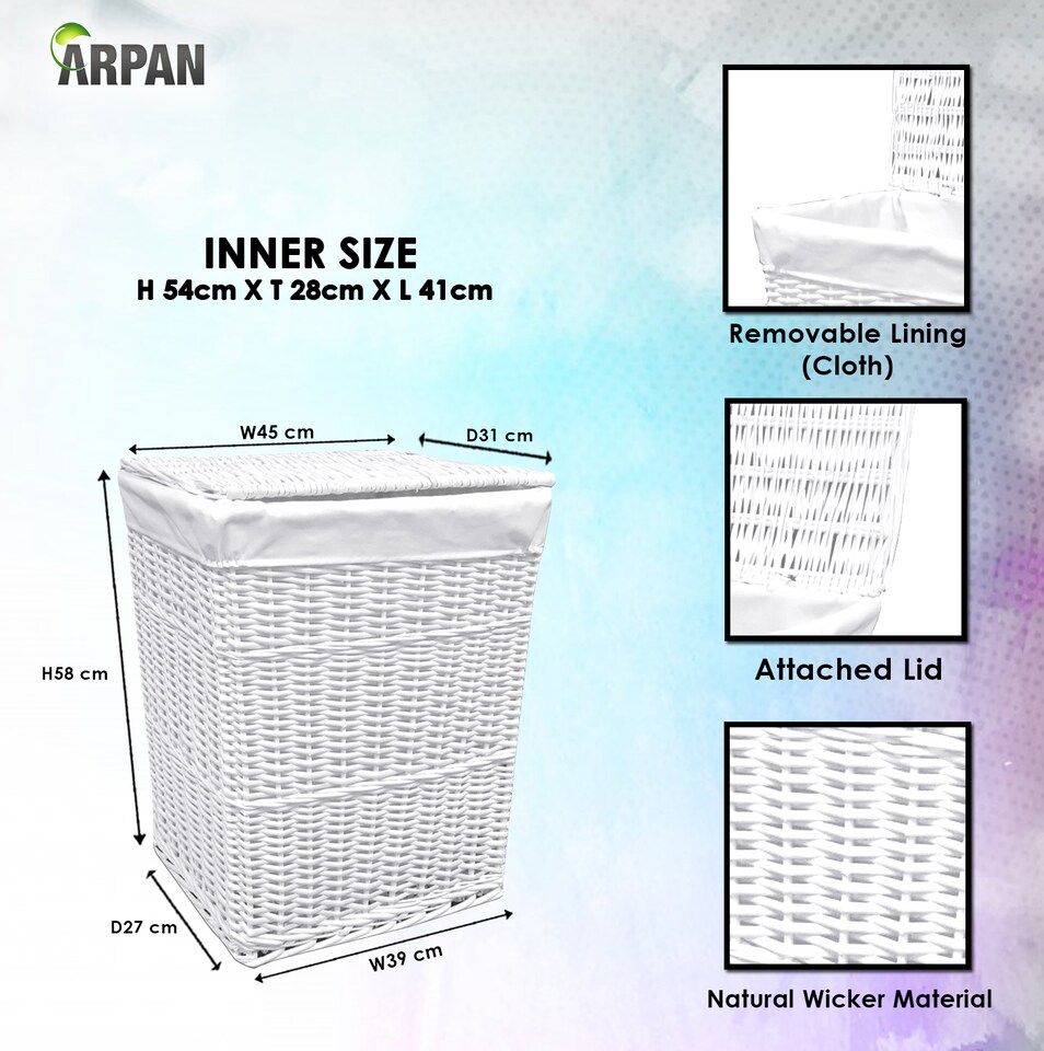 image 1 of ARPAN White Wicker Laundry Basket with Lid & Removable Washable Liner, Natural Woven Clothes Washing Hamper, Laundry Storage Basket for Bedroom, Bathroom & Utility Room