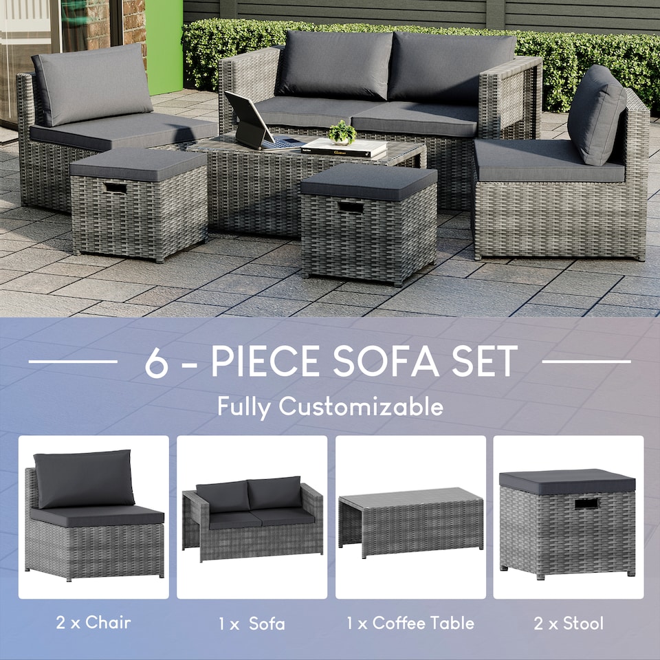 image 1 of Garden Vida Islay 6 Seater Rattan Outdoor BBQ Patio Set with 2 Seater Sofa, 2x Chairs, 2x Stools, Glass Top Coffee Table - Grey