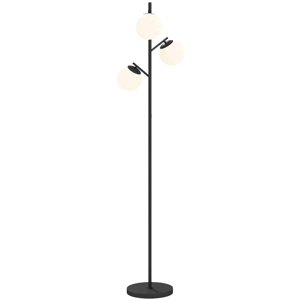 image 1 of HOMCOM 3-Light Tree Floor Lamps for Living Room, Modern Standing Lamp for Bedroom with Globe Lampshade, Steel Base, Bulb not Included, Black | Black