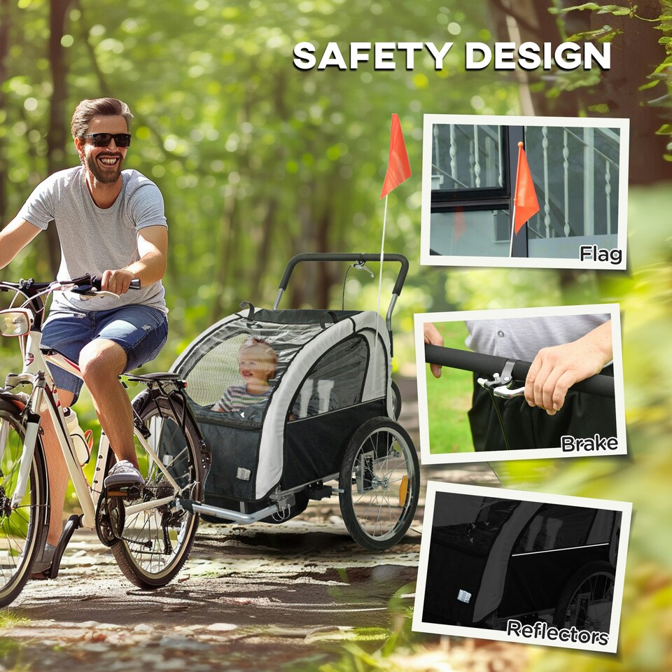 image 1 of HOMCOM 2 Seat Bike Trailer with 5 Point Harness, for 18+ Months, Black