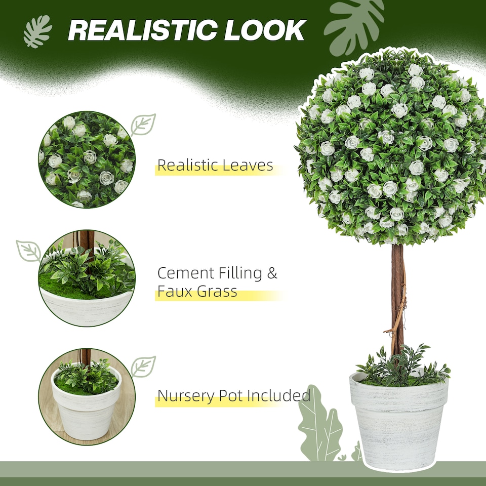 image 1 of HOMCOM Set of 2 Decorative Artificial Plants, Ball Topiary Tree with Rose Flower in Pot, Fake Plants for Home Indoor Outdoor Decor, 60cm, White