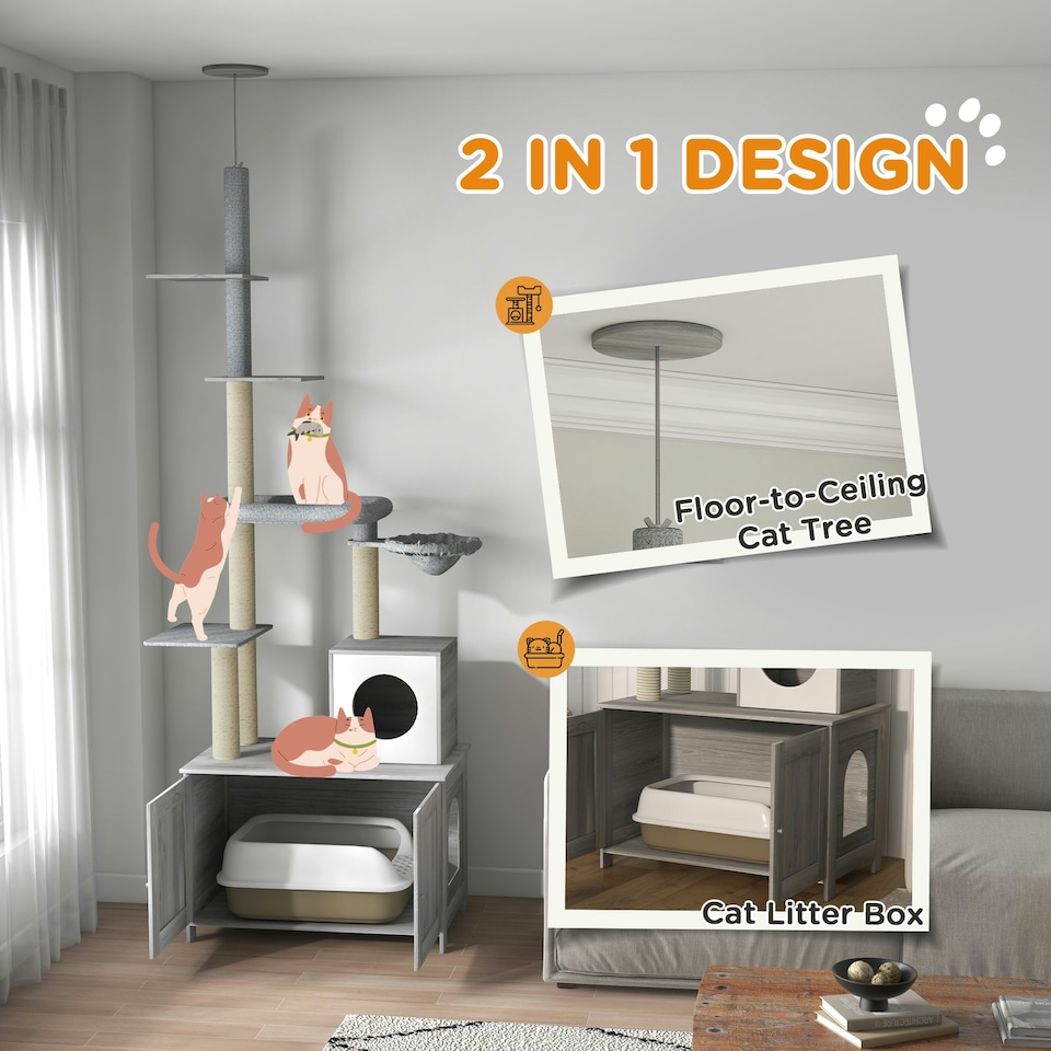 image 1 of PawHut 2-in-1 Hidden Litter Box with Floor-To-Ceiling Cat Tree, Indoor - Grey