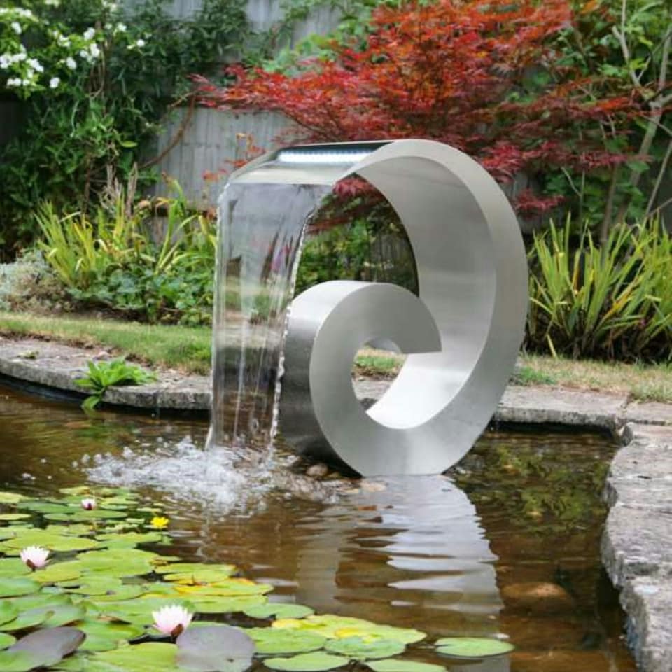 image 1 of Primrose Atlantis Polished Silver Stainless Steel Water Feature with Lights 65cm