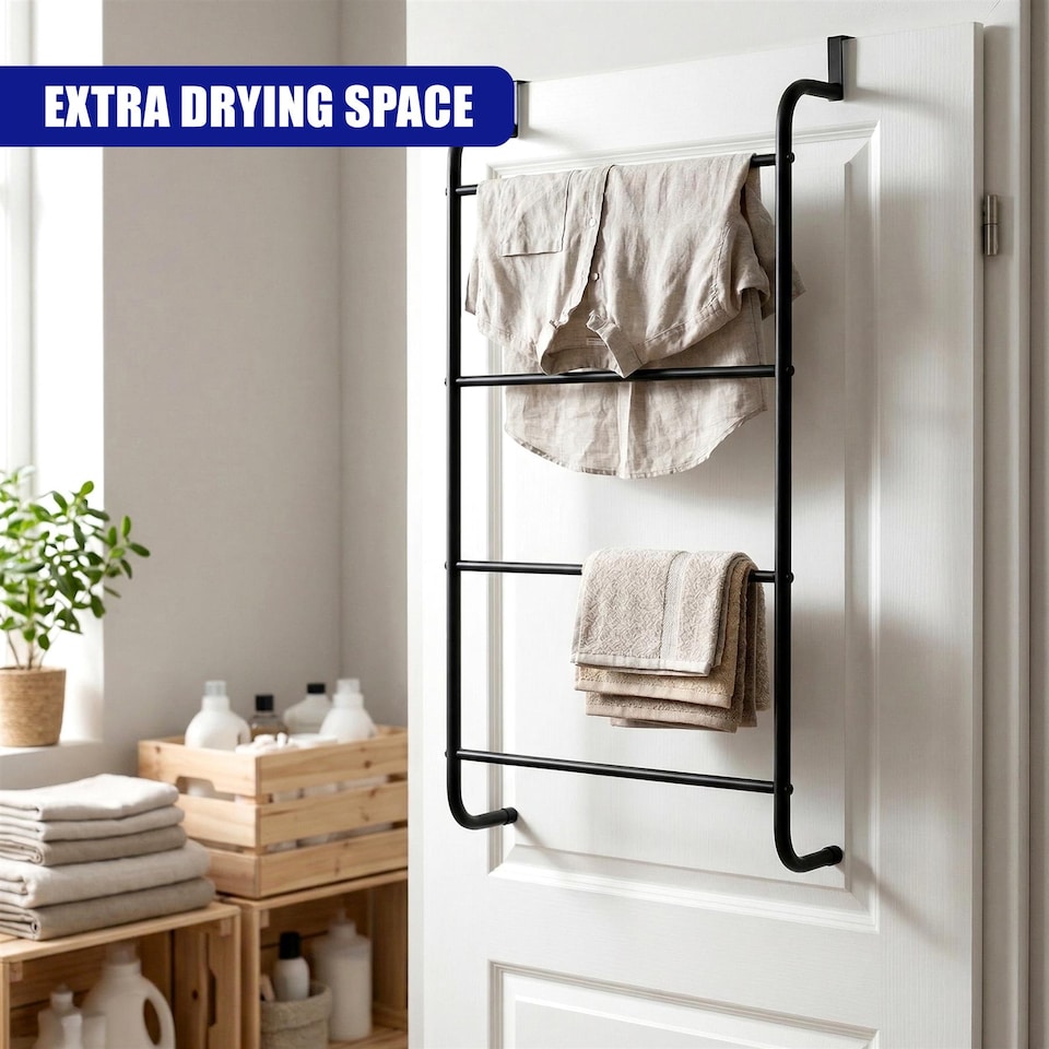image 1 of GEEZY Over Door Towel Rail with 4 Bars Bathroom Organiser Rack Modern Steel Design