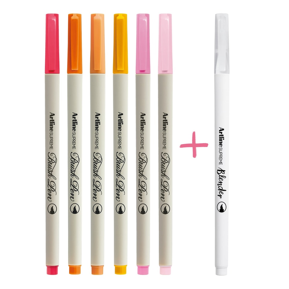 image 1 of Artline Supreme Brush Pens Assorted 7 Pack Pink | Pale Red, Orange, Pale Orange, Yellow, Dark Pink, Coral Pink