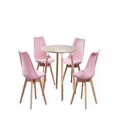 5PCs Dining Set - an Oak Round Dining Table & Set of 4 White Lorenzo Tulip chairs with Padded Seat | Pink