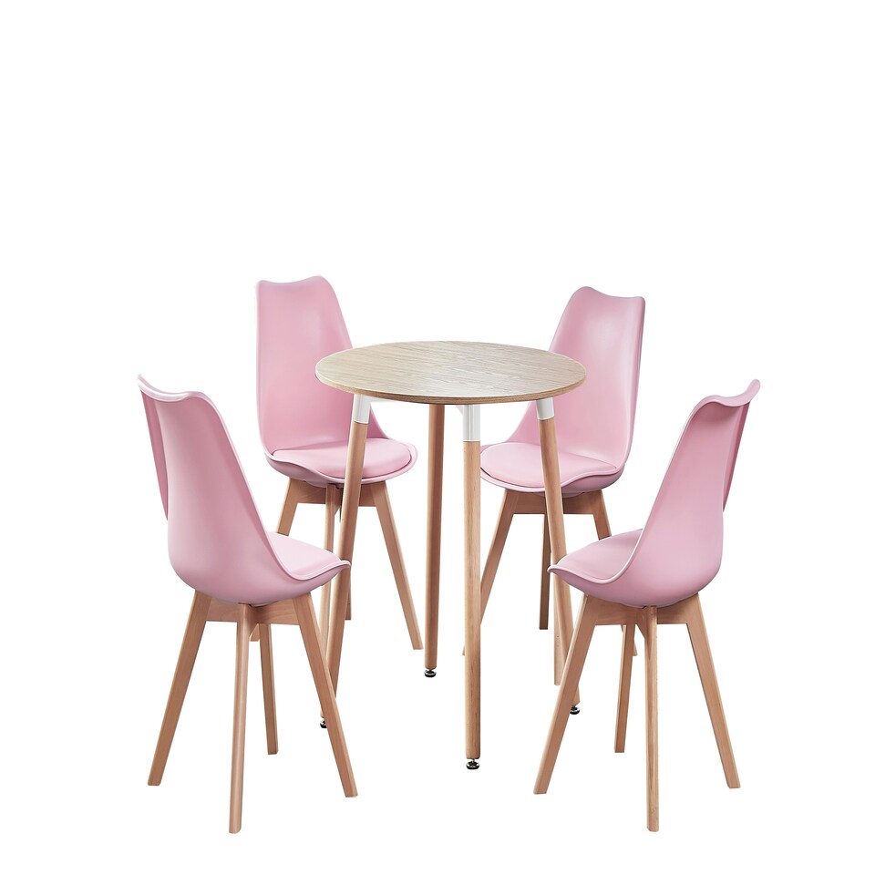 image 1 of 5PCs Dining Set - an Oak Round Dining Table & Set of 4 White Lorenzo Tulip chairs with Padded Seat | Pink