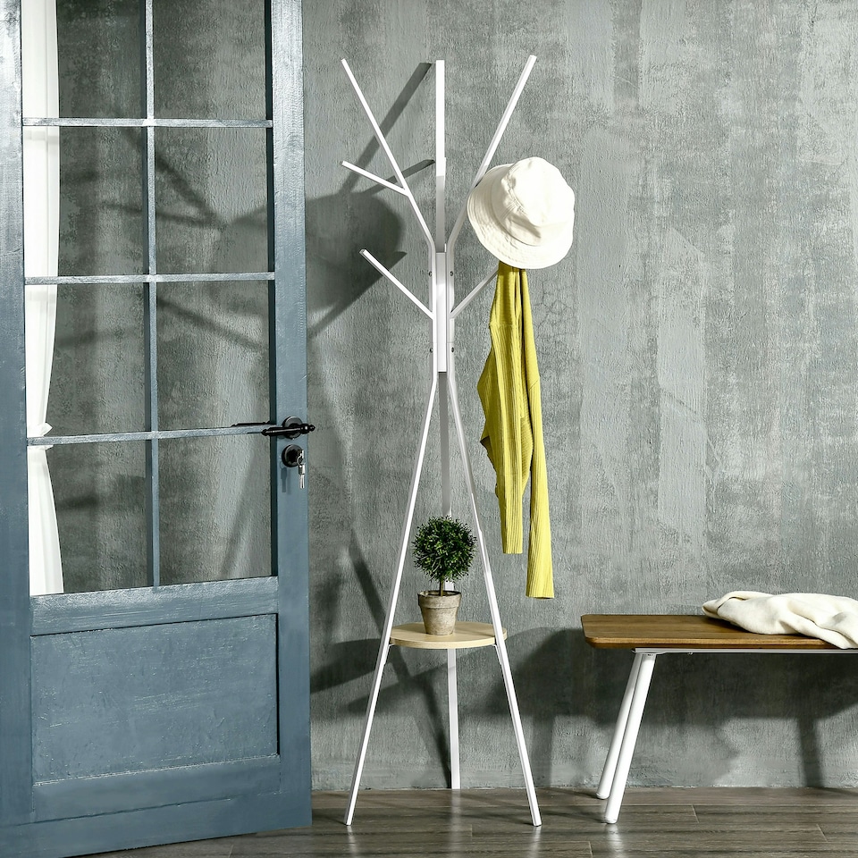image 1 of HOMCOM 180cm Free Standing Coat Rack Metal Shelf Holder Stand White