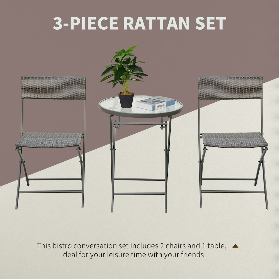image 1 of Outsunny 3PC Rattan Bistro Set Folding Rattan Chair Coffee Table