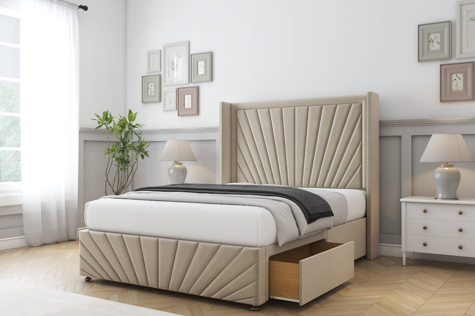 image 1 of Sloomy Rutherford Almond Coniston Divan Bed With Mattress 2 Drawers Footend With 54" Wingback Headboard & 12" Matching Footboard 5' King | Cream | Almond | King | 1