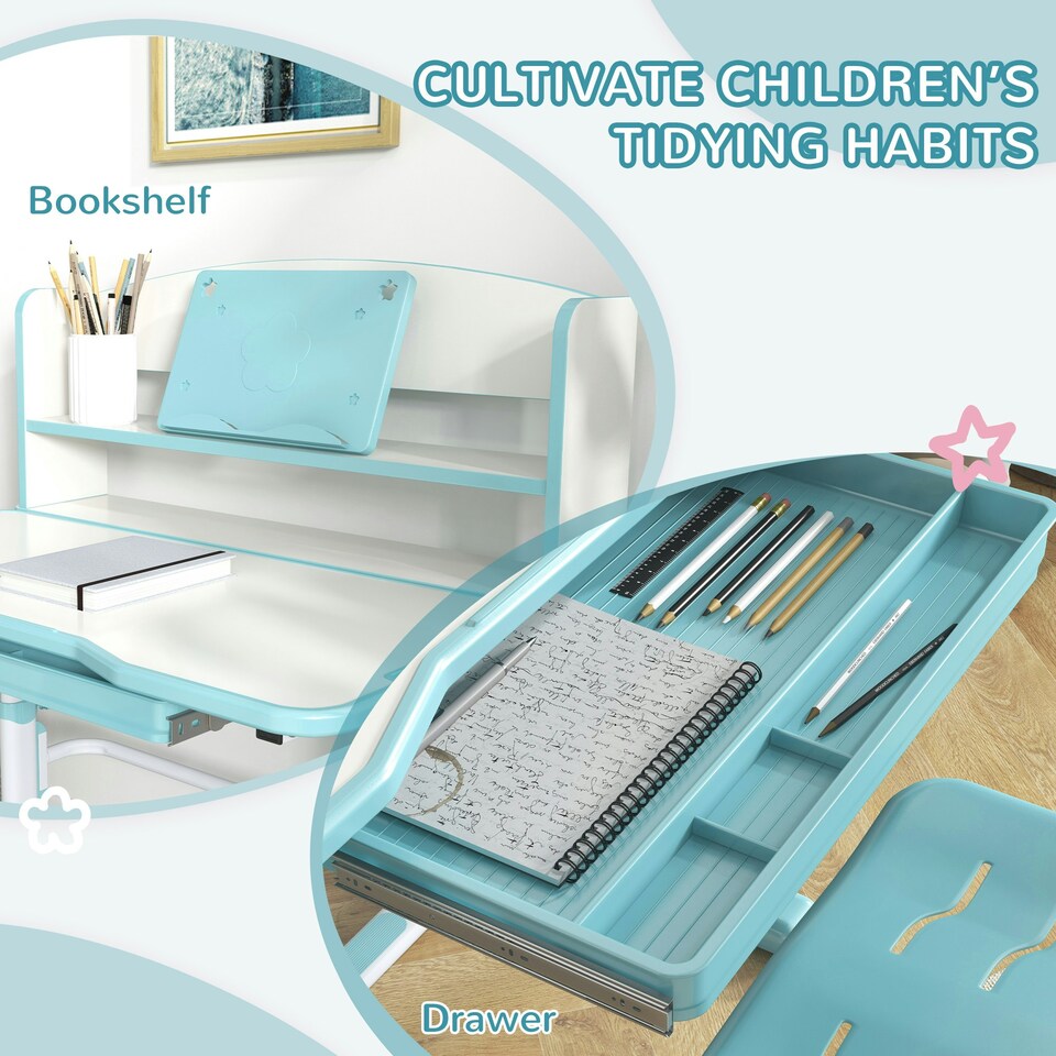 image 1 of ZONEKIZ Height Adjustable Kids Desk and Chair Set, with Drawer, Bookshelf, Blue Blue