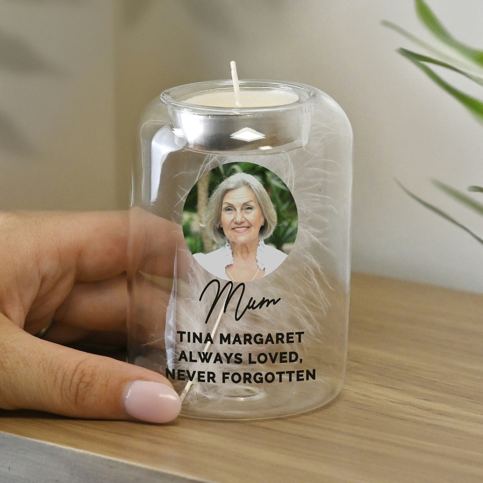 image 1 of Personalised Photo Upload Memorial Feather Tealight Holder Clear
