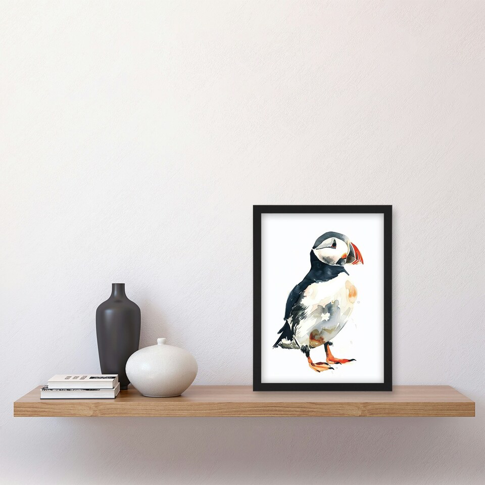 image 1 of Single Puffin Bird Watercolour Portrait Black Framed Wall Art Print A4