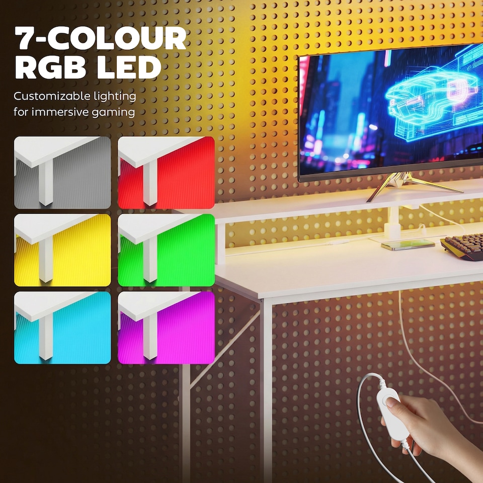 image 1 of HOMCOM 147cm Gaming Desk with Charging Station and RGB Lights, White | White | White | 147 x 47 x 110-130 cm