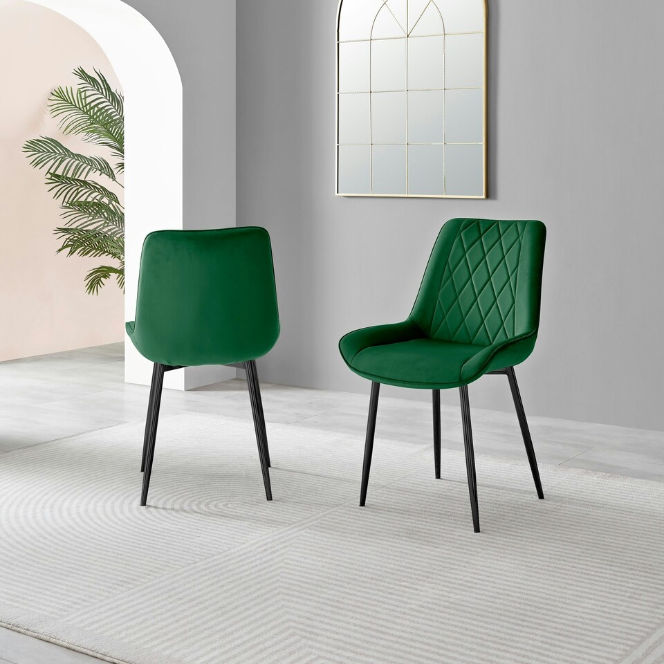 image 1 of Furniturebox Elina White Marble Effect Round Dining Table & 2 Green Pesaro Black Leg Chairs