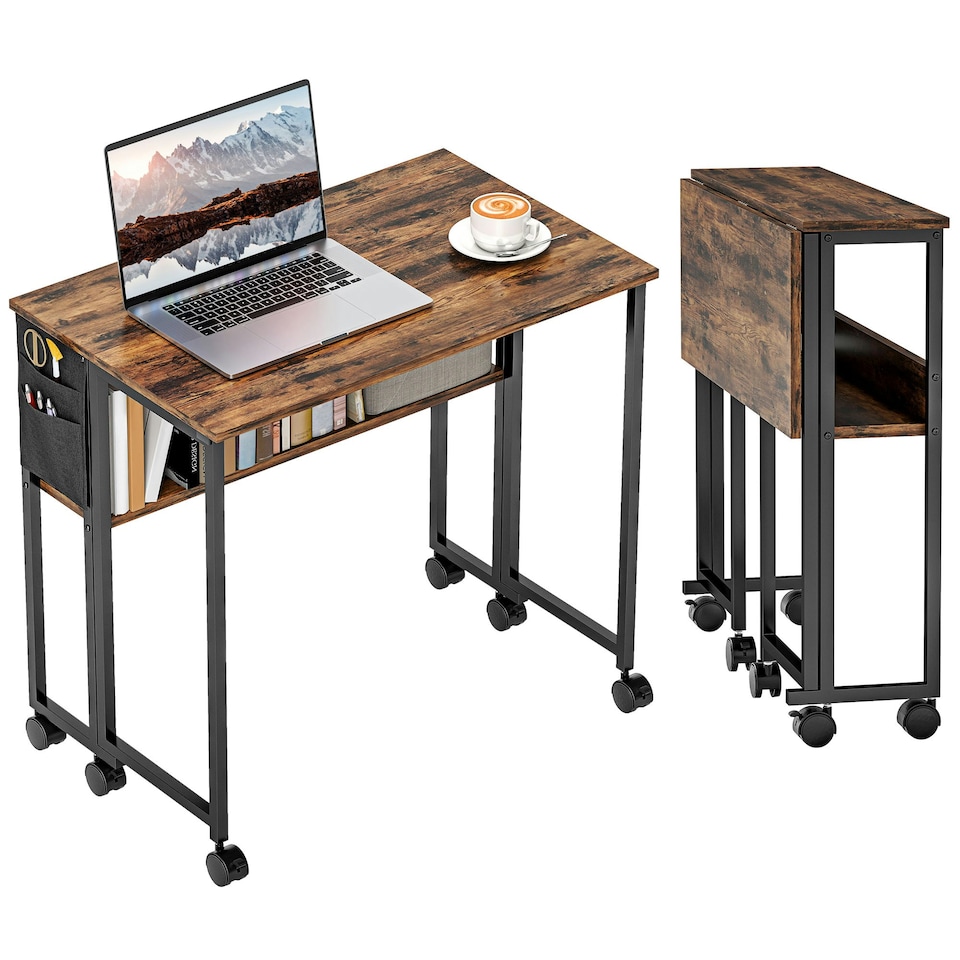 image 1 of HOMCOM 80 cm Foldable Computer Desk on Wheels for Small Spaces | Brown