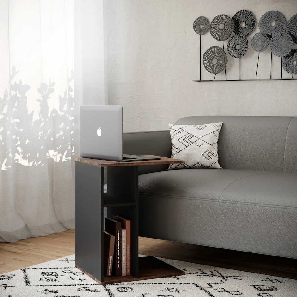 image 1 of C-Shape Side Wooden Table End Coffee Bedside Nightstand Laptop Snack Living Room | Multi | Rustic Oak/Black