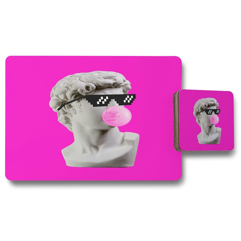 image 1 of Plaster statue,  David's head in pixel glasses (Placemat & Coaster Set)