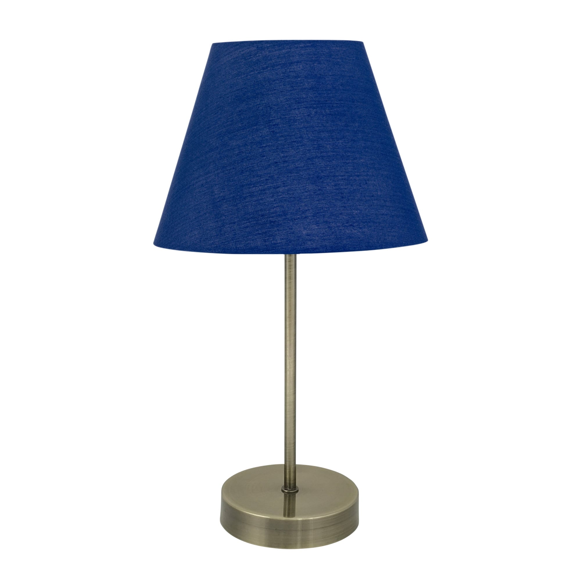 First Choice Lighting Antique Brass Stick Table Lamp with Navy Blue Fabric Shade in Bronze