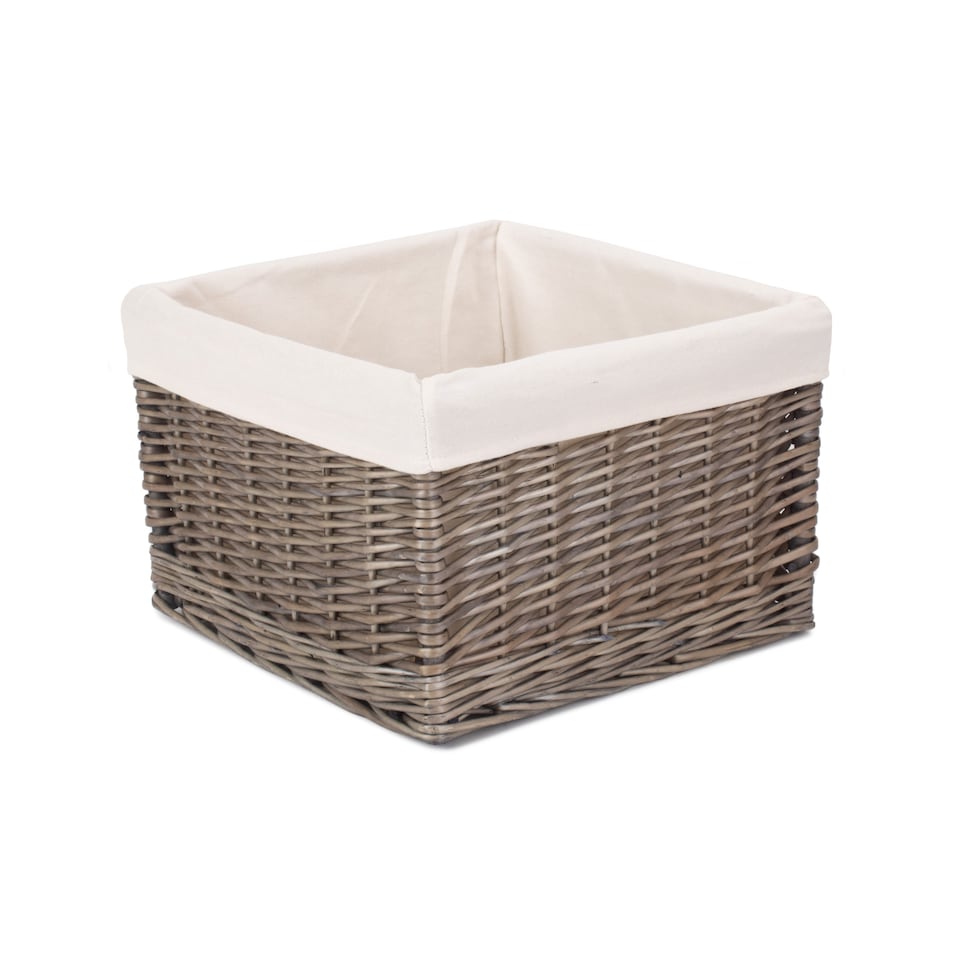 image 1 of Medium Square Antique Wash Lined Storage Basket | White | White | L
