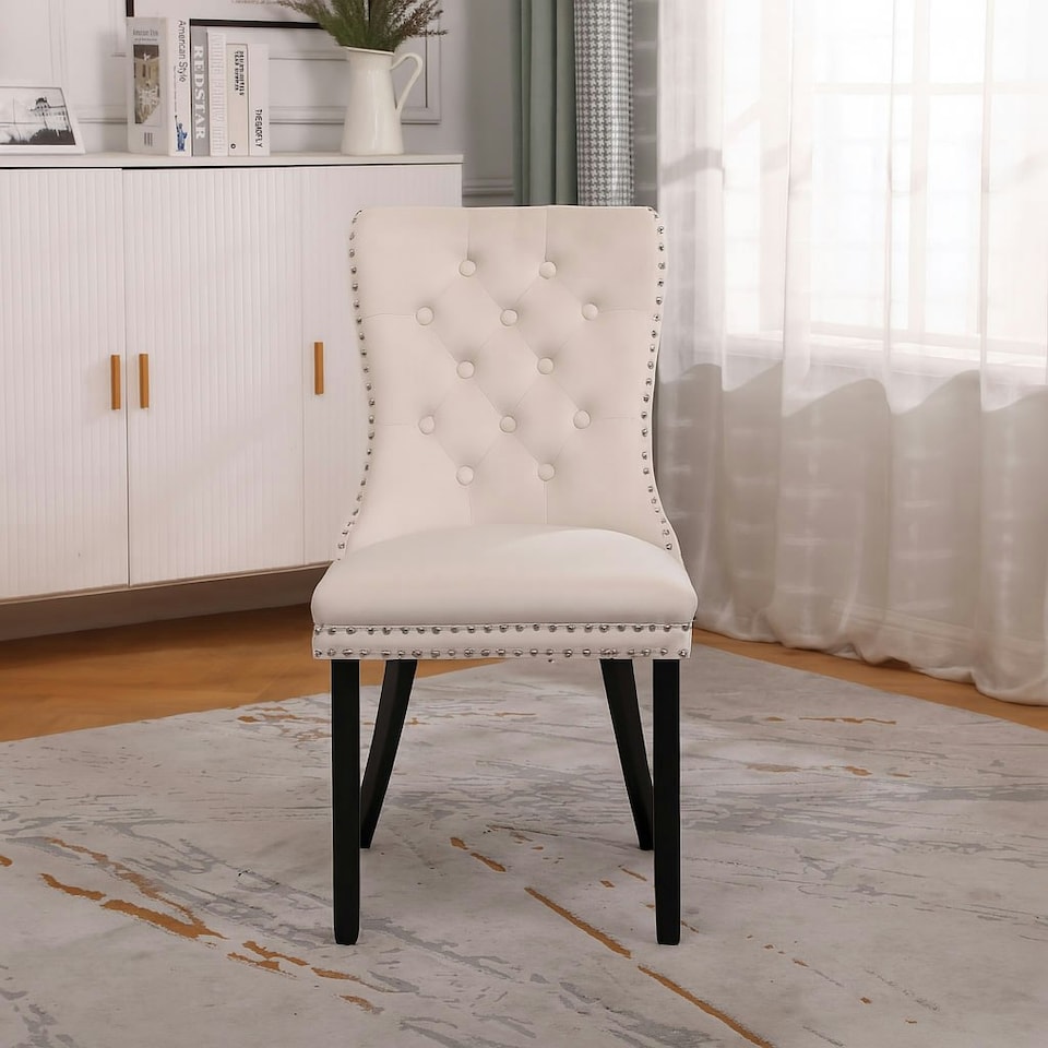image 1 of Natural Set of Four Studded Velvet Dining Chair with Ring Knocker Detail Cream | Natural